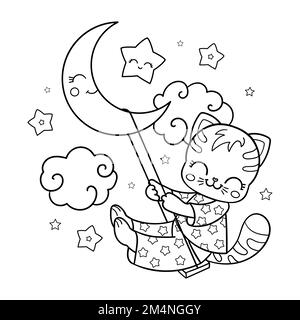 Il gatto in pigiama oscilla sulla luna. Illustrazione lineare in bianco e nero. Vettore Illustrazione Vettoriale