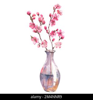 Acquerello illustrazione di un ramo sakura in vaso trasparente isolato su sfondo bianco. Arredamento per la casa. Foto Stock