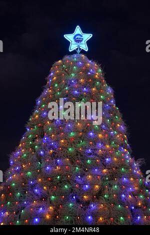 Un albero di Natale fatto di tumbleweed avvolto in luci colorate e sormontato da una stella. Foto Stock