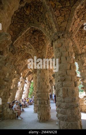 Creazioni di Gaudi nel Parco Guell, a Barcellona, Spagna Foto Stock