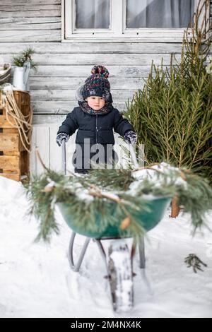 Il bambino porta un albero di Natale su una slitta a casa Foto Stock