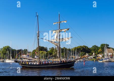 Barca a vela sul fiume Warnow durante la Hanse Sail a Rostock. Foto Stock