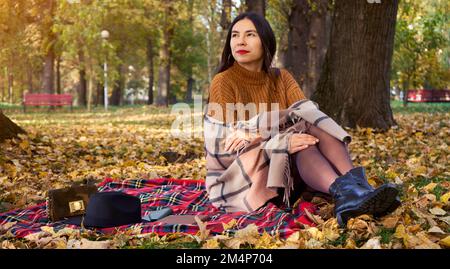 Fuoco selettivo di picnic di autunno su ottobre. Giovane donna che riposa in natura con libro e coperta da coperta. Umore autunnale. Persone, stile di vita e. Foto Stock