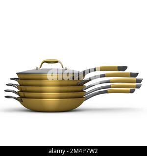 Impilare la padella con il coperchio in vetro su sfondo bianco. 3d resa degli utensili da cucina antiaderenti Foto Stock