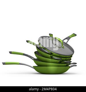 Impilare la padella con il coperchio in vetro su sfondo bianco. 3d resa degli utensili da cucina antiaderenti Foto Stock