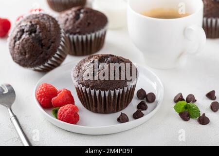 Muffin al cioccolato fatti in casa con una tazza di caffè appena sfornato Foto Stock