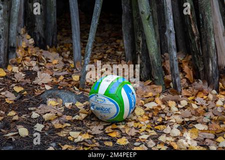Abbandonata rotta pallavolo a terra con foglie cadute in autunno o in autunno Foto Stock