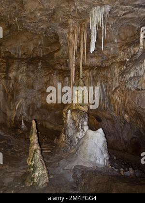 Stalagmiti e stalattiti nel Baerenhoehle, Karlshoehle, Erpfinger Hoehle, stalattiti grotta, patrimonio dell'umanità dell'UNESCO Swabian Alb Geopark, Swabian Alb Foto Stock