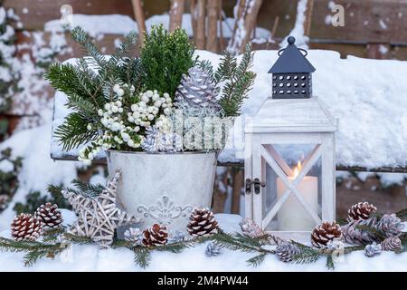 giardino d'inverno con lanterna in legno e piante d'inverno in vaso Foto Stock