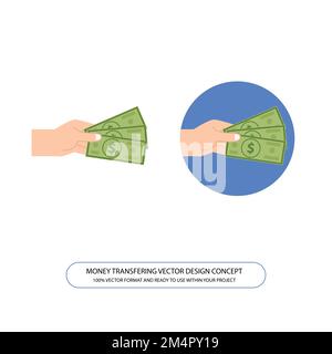Progetto vettoriale trasferimento di denaro, finanza, investimento, economia, affari, icone cash con mano Illustrazione Vettoriale