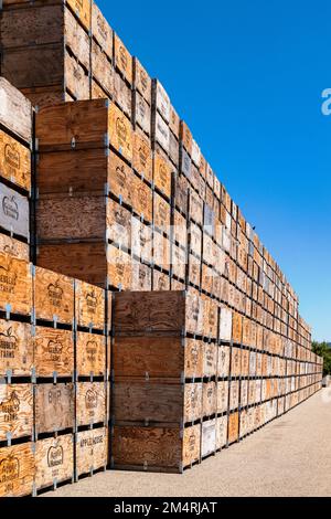 Grande pila di casse di legno piene di mele mature; Palouse Region; Washington; USA Foto Stock