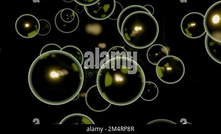 Sfondo nero. Design.le bolle luminose con illuminazione bianca e gialla di grandi dimensioni nell'animazione volano in direzioni diverse. Alta qualità 4K Foto Stock