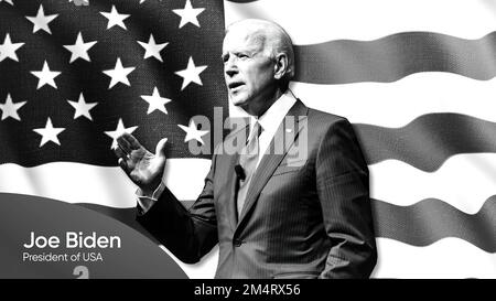 Washington, Stati Uniti - 20 giugno 2022, il presidente Joe Biden davanti alla bandiera americana delle stelle e delle strisce. Movimento. Concetto di politica Foto Stock
