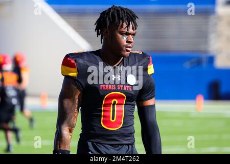 Ferris state Bulldogs Jacarvis Alexandre (0) durante i warm up per la partita di football dei campionati nazionali di NCAA Division II, al McKinney ISD Stad Foto Stock