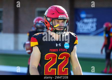 Ferris state Bulldogs Brady Rose (22) durante il warm up prima della partita di calcio del campionato nazionale di calcio della NCAA Division II, al McKinney ISD Stadium S. Foto Stock