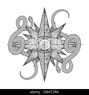 Tatuaggio di Star and Snakes emblema esoterico disegnato in stile Zentangle isolato su bianco. Illustrazione vettoriale Illustrazione Vettoriale