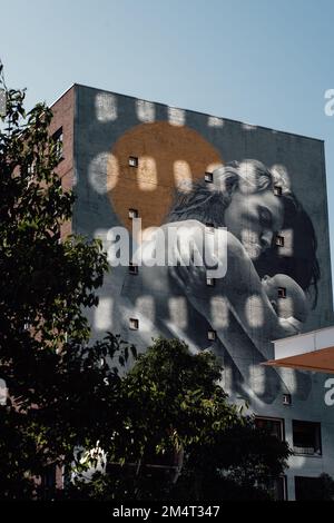 Una verticale di un'arte murale dedicata ai malati di cancro in un edificio a Rotterdam, Paesi Bassi Foto Stock