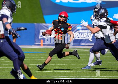 Ferris state Bulldogs Brady Rose (22) corre con una cattura di 29 yard durante il secondo trimestre del campionato nazionale di calcio NCAA Division II Foto Stock