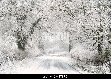 Campagna del Warwickshire nella neve d'inverno. Cotswolds, Warwickshire, Inghilterra Foto Stock