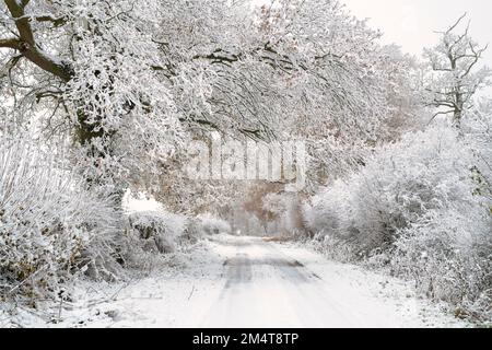 Campagna del Warwickshire nella neve d'inverno. Cotswolds, Warwickshire, Inghilterra Foto Stock