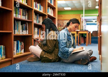 Sostentarsi a vicenda attraverso i loro studi. Ripresa ad alto angolo di due studenti universitari che lavorano insieme nella biblioteca del campus. Foto Stock