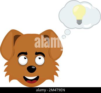 illustrazione vettoriale del volto di un cane da cartoon con una nuvola di pensiero e una lampadina, nel concetto di buona idea o creatività Illustrazione Vettoriale