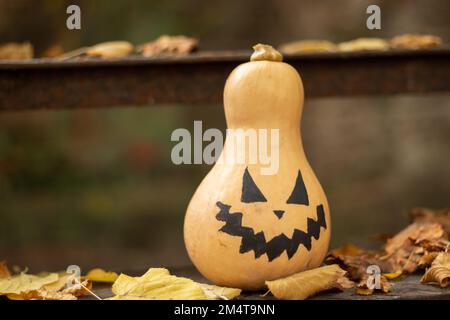 la zucca dipinta si stinge su fasi di ferro in foglie d'autunno asciutte preparazione per halloween, zucca per halloween Foto Stock