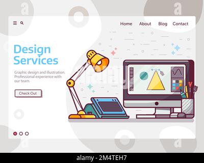 Graphic Design Services Banner Web in Line Art Illustrazione Vettoriale