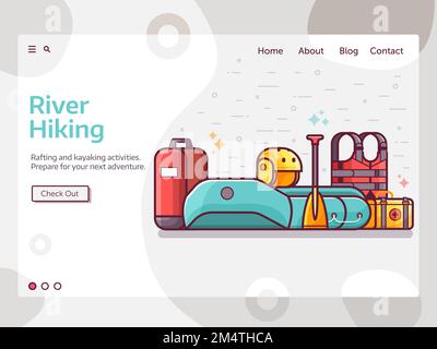 Rafting e Kayaking Line Art Web Banner Illustrazione Vettoriale