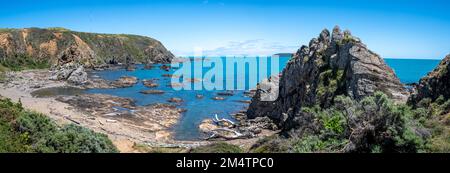 Litorale roccioso, Whitireia Park, Titahi Bay, Porirua, Wellington, Isola del Nord, Nuova Zelanda Foto Stock