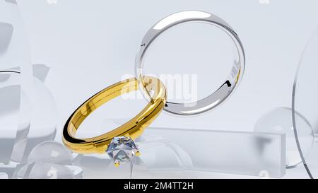 3D illustrazione di due anelli di nozze d'oro su sfondo astratto, anelli di nozze d'oro e d'argento decorati con pietre preziose collegate come una catena Foto Stock