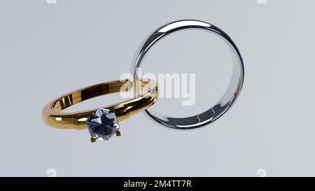 3D illustrazione di due anelli di nozze d'oro su sfondo astratto, anelli di nozze d'oro e d'argento decorati con pietre preziose collegate come una catena Foto Stock