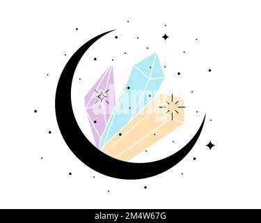 Cristallo e stelle nella luna di spiritualità. Linea arte astrologia simbolo crescente con gemma colorata. Magia o guarigione mistica minerale lineare simbolo. Tatuaggio esoterico o schizzo del contorno del logo. EPS vettoriale Illustrazione Vettoriale