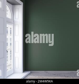3d mockup parete verde design in una stanza vuota con pavimento in legno, finestre francesi Foto Stock