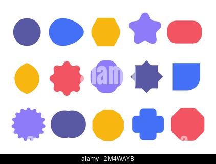 Banner geometrici vuoti. Forme astratte e audaci, modello minimalistico per la bollatura dei messaggi. Varie forme multicolore isolato su bianco. Divertente diverso Illustrazione Vettoriale