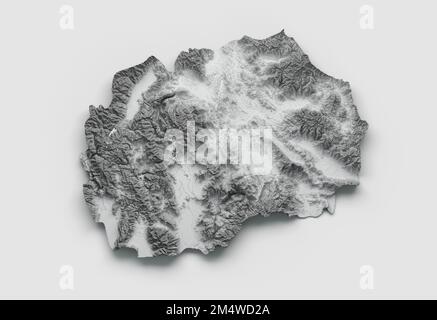 Immagine in scala di grigi della Mappa della Macedonia del Nord Flag Shaded Height (altezza ombreggiata) su sfondo bianco 3D Foto Stock