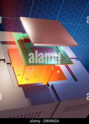 CPU moderna in un ambiente futuristico. Illustrazione digitale, rendering 3D. Foto Stock