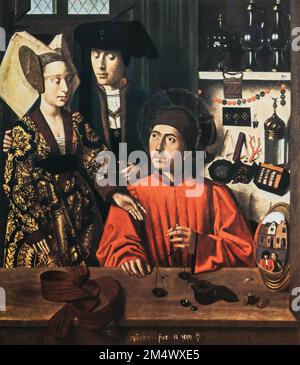 Petrus Christus. Il St. Elisio nella sua bottega o Goldsmith nella sua bottega. Dipinto di Petrus Christus, Un pittore di spicco a Bruges. La pittura è tra Foto Stock