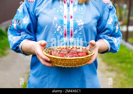 Defocus femminile mani che tengono cestino di uova rosse colorate sulla natura verde erba sfondo. Concetto di vacanza di Pasqua. Uova dipinte di mestiere. Natura, giardino. Foto Stock