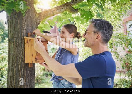 Uomo felice con la scatola del nido appesa della figlia sul tronco dell'albero in giardino Foto Stock