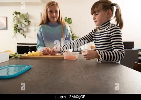 Ragazza con sorella che immagazzina le verdure in contenitori di plastica nel paese Foto Stock