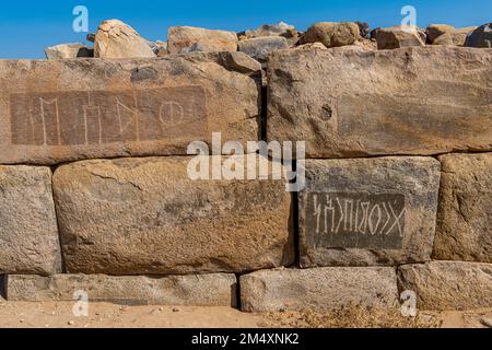 Sculture rupestri presso il sito archeologico di al-Ukhdud a Najran, Arabia Saudita Foto Stock