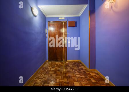 Sala d'ingresso di una casa con pareti blu, una porta d'accesso in legno e pavimenti colorati in parquet a scacchiera Foto Stock