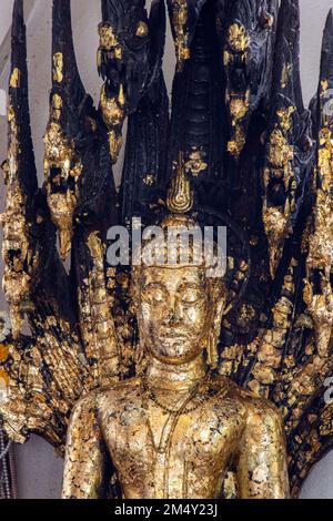 Statua dorata di Buddha seduta sotto un Naga a sette teste, tempio buddista, Thailandia Foto Stock