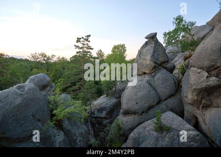 Enormi formazioni rocciose di massi alte in montagna con alberi in crescita in estate giorno di sole Foto Stock