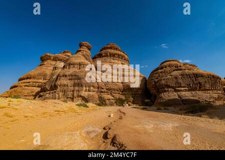 Bella formazione rocciosa, sito UNESCO Maidain Saleh o Hegra, al Ula, Regno dell'Arabia Saudita Foto Stock