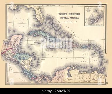 Indie Occidentali e America Centrale 1876 Mappa. La mappa mostra le isole e i punti di riferimento importanti del Mar dei Caraibi. Si tratta di una riproduzione della mappa storica splendidamente dettagliata. Questa riproduzione restaurata e dettagliata mette in luce molti dettagli e punti di riferimento, rendendo questa mappa un grande riferimento storico. Foto Stock