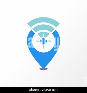 posizione e segnale wifi con croce o immagine di emergenza grafica icona logo design astratto concetto stock vettoriale. Può essere usato come una salute o luogo Illustrazione Vettoriale