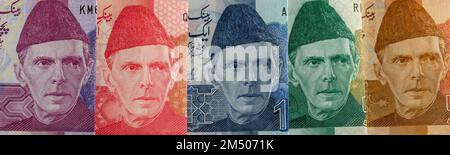 Il ritratto di Quaid-e-Azam Muhammad Ali Jinnah in viola, rosso, blu scuro, verde intenso e senape dai colori 50, 100, 1000, 500 e 5000 rupie ba Foto Stock