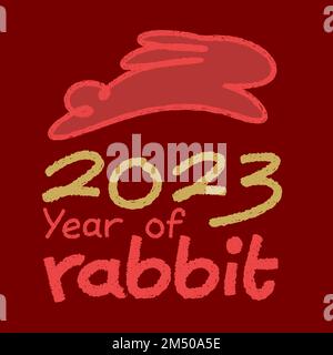 2023 anno di coniglio scritta a mano pennello texture rustico stile illustrazione vettore con silhouette forma di coniglio Illustrazione Vettoriale